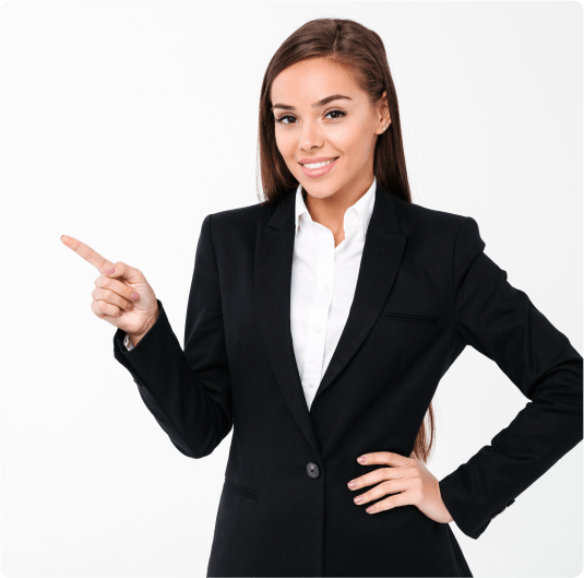 a woman pointing out in left direction in white top and black professional suit